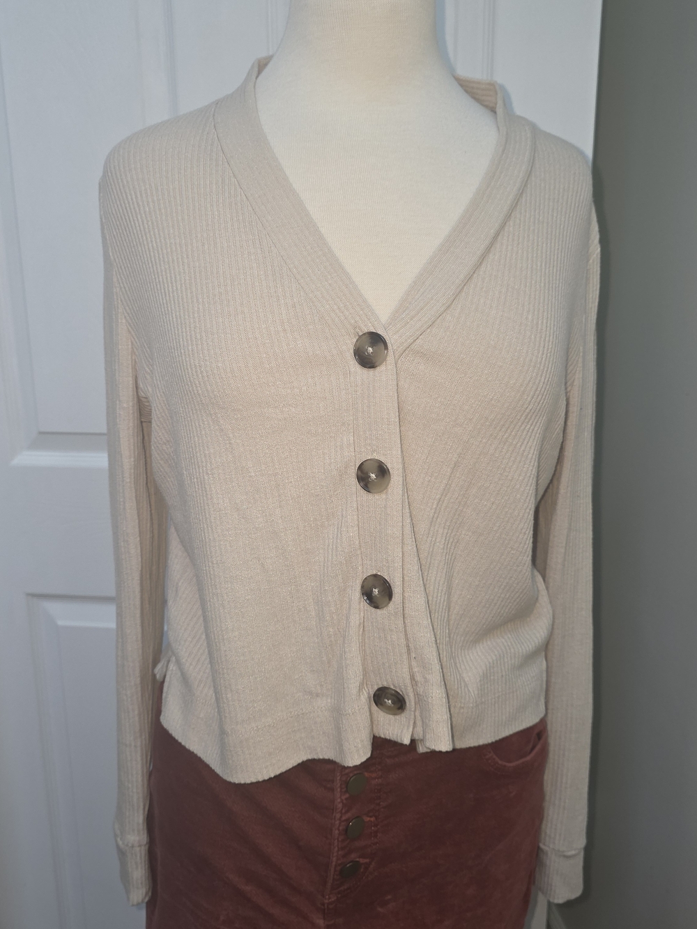 LOFT Cream Ribbed Button-Front Cardigan